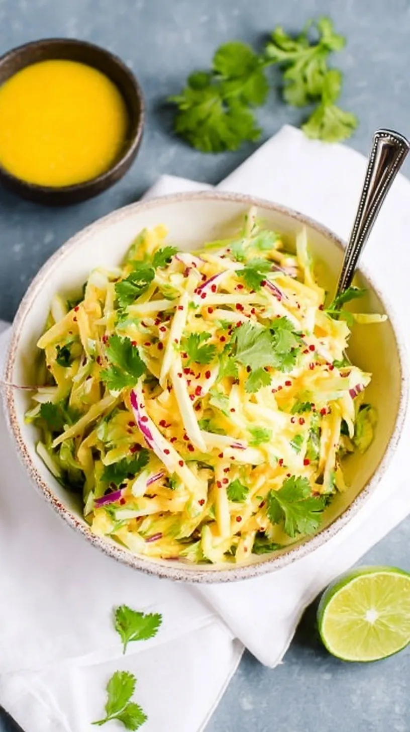 A vibrant bowl of Mango Jicama Slaw with julienned mango, jicama, and red bell peppers.