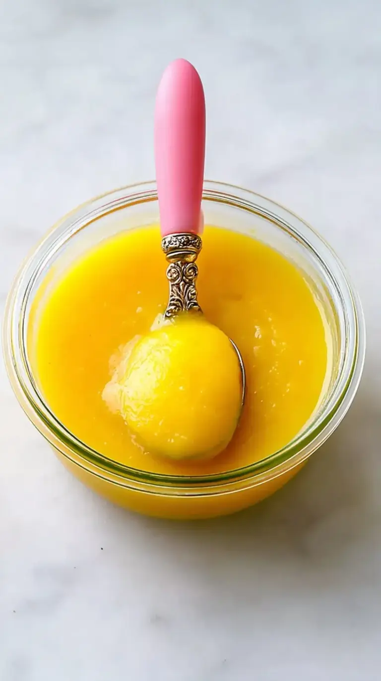 Smooth yellow mango puree in a small glass jar with a baby spoon
