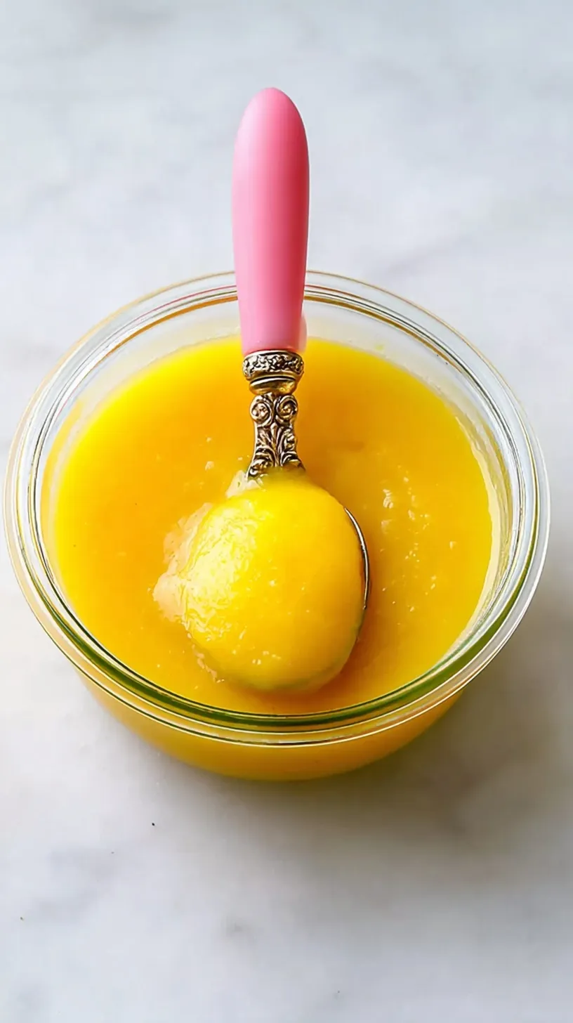 Smooth yellow mango puree in a small glass jar with a baby spoon