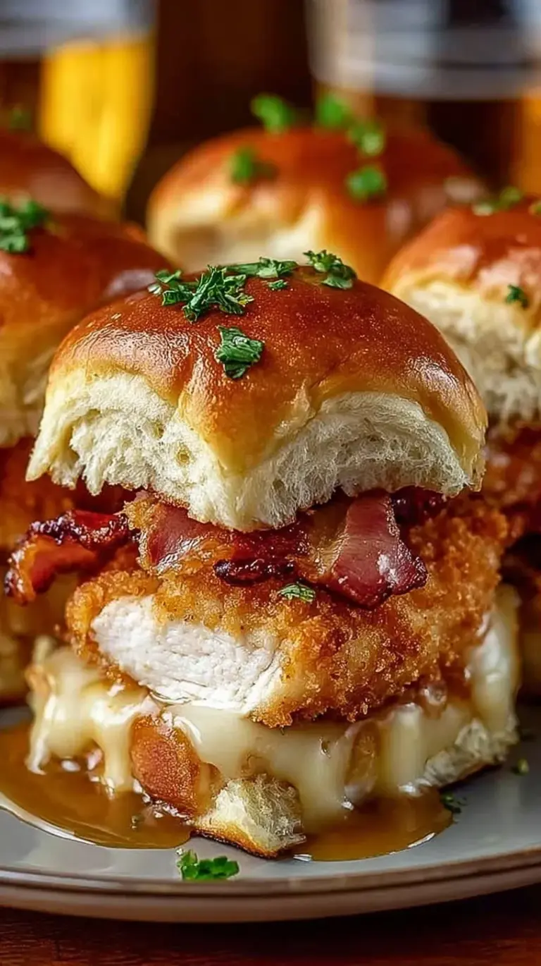 A tray of golden brown Maple Chicken Bacon Sliders with melted gouda and shiny maple butter glaze.