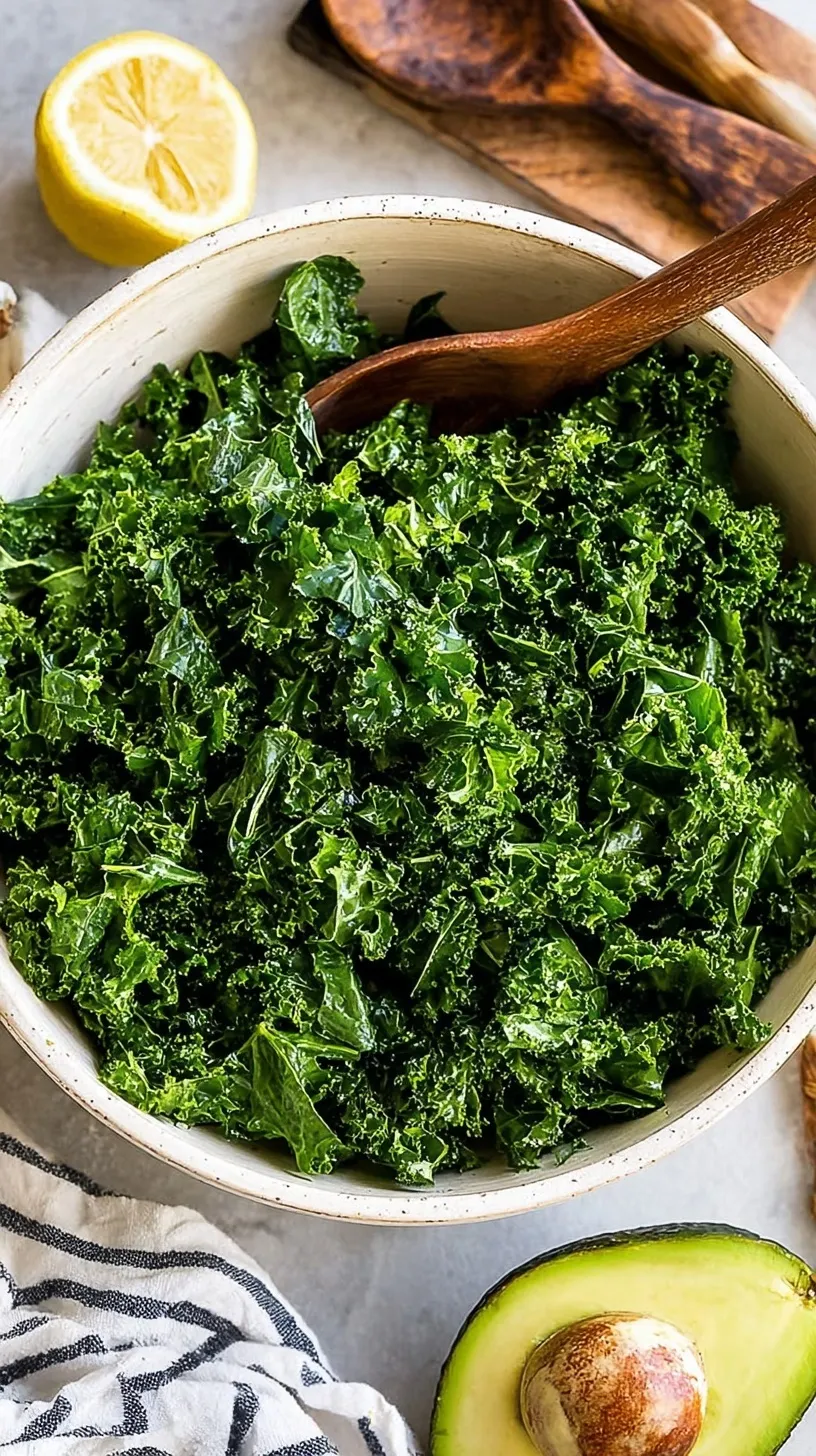 A vibrant bowl of massaged kale salad with creamy avocado, sunflower seeds, and dried cranberries.