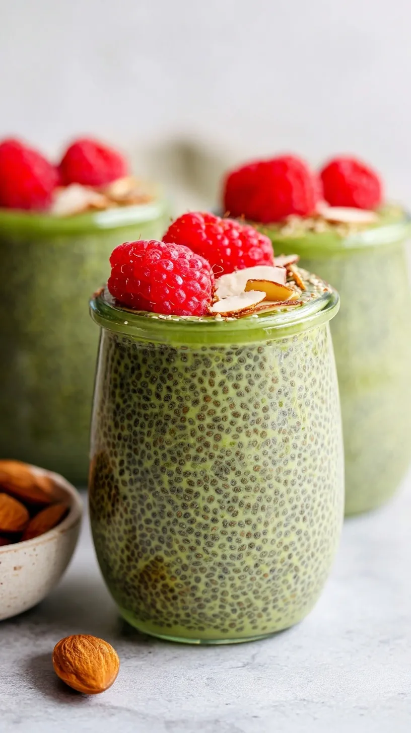 A vibrant green bowl of Matcha Chia Pudding topped with fresh berries and coconut flakes.