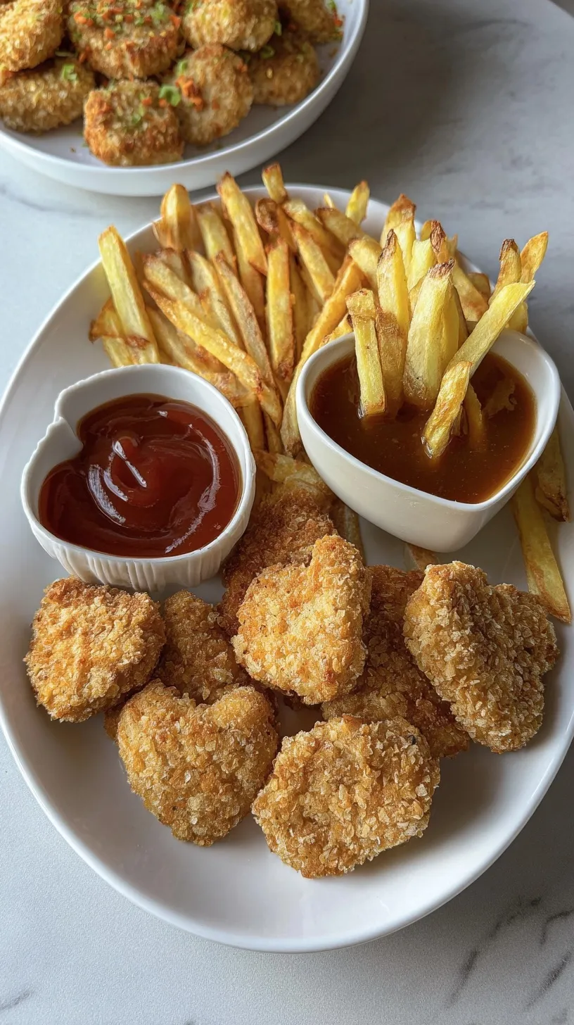 Crispy golden air fryer chicken nuggets and french fries on a serving tray with dipping sauce