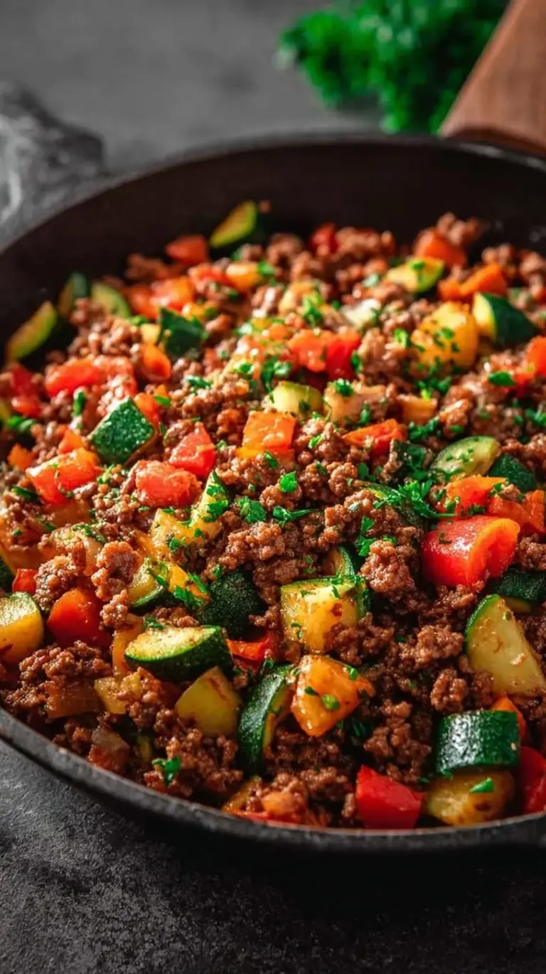 A colorful skillet filled with browned ground beef, green zucchini, and red and green bell peppers.