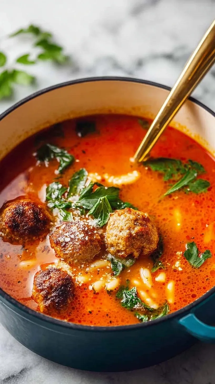 A steaming bowl of Classic Meatball Soup with beef meatballs, ditalini pasta, and fresh spinach.