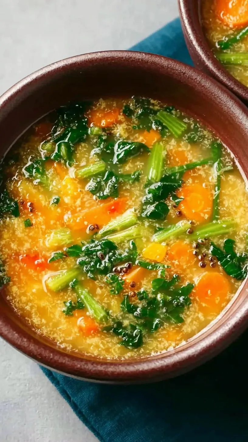 A steaming mug of golden medicinal veggie broth with fresh herbs