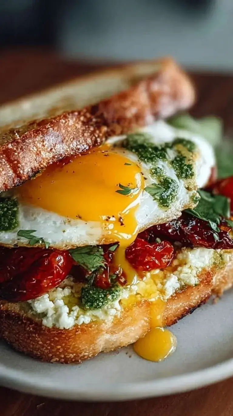 A toasted ciabatta Mediterranean Breakfast Sandwich with fluffy eggs, wilted spinach, and melted feta cheese.