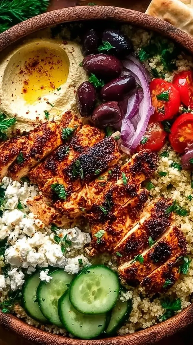 A vibrant Mediterranean Chicken Bowl with grilled chicken, quinoa, cucumber, and feta.