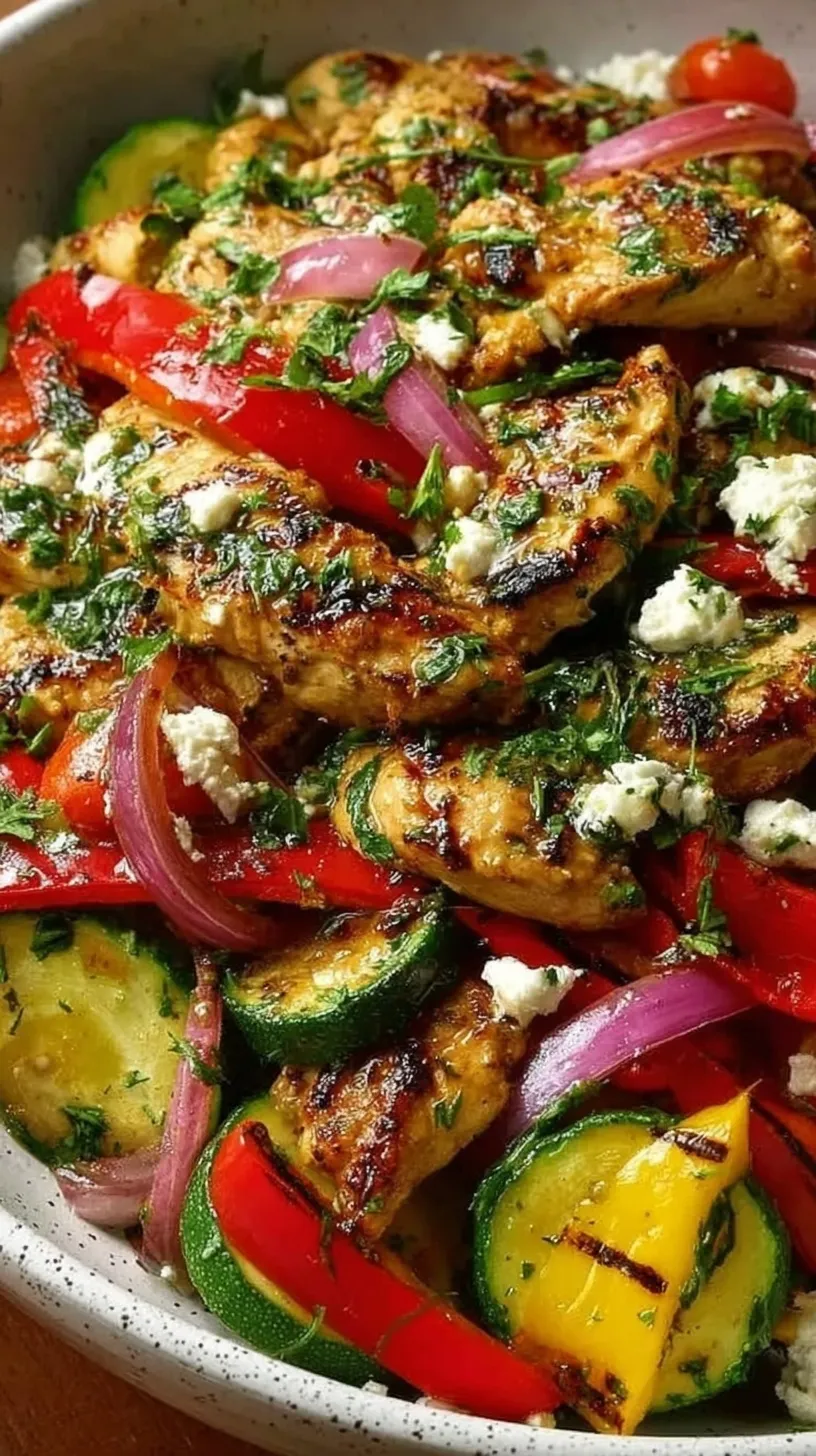 Sizzling Mediterranean chicken stir-fry with zucchini, red peppers, and crumbled feta in a skillet
