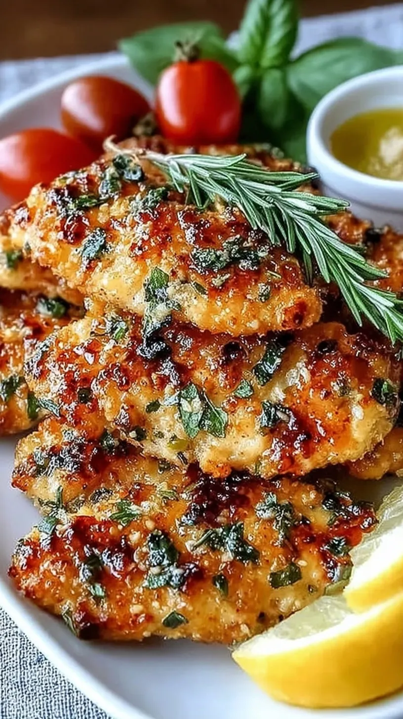 Golden brown pan-seared Mediterranean chicken tenders seasoned with herbs and lemon in a cast iron skillet.