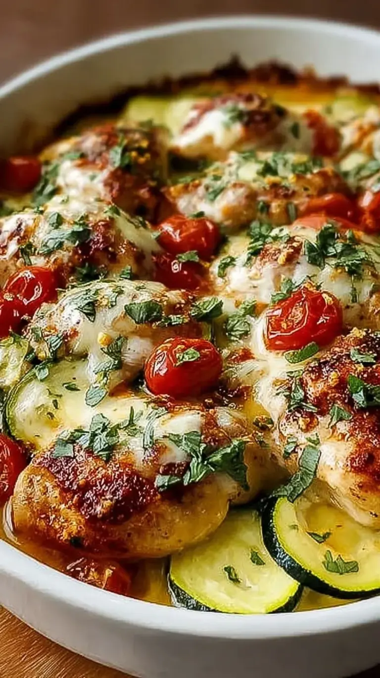 Close up of Mediterranean Chicken Zucchini Bake with feta and parsley