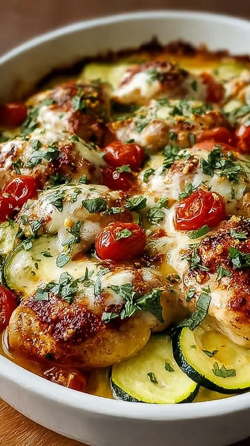 Close up of Mediterranean Chicken Zucchini Bake with feta and parsley