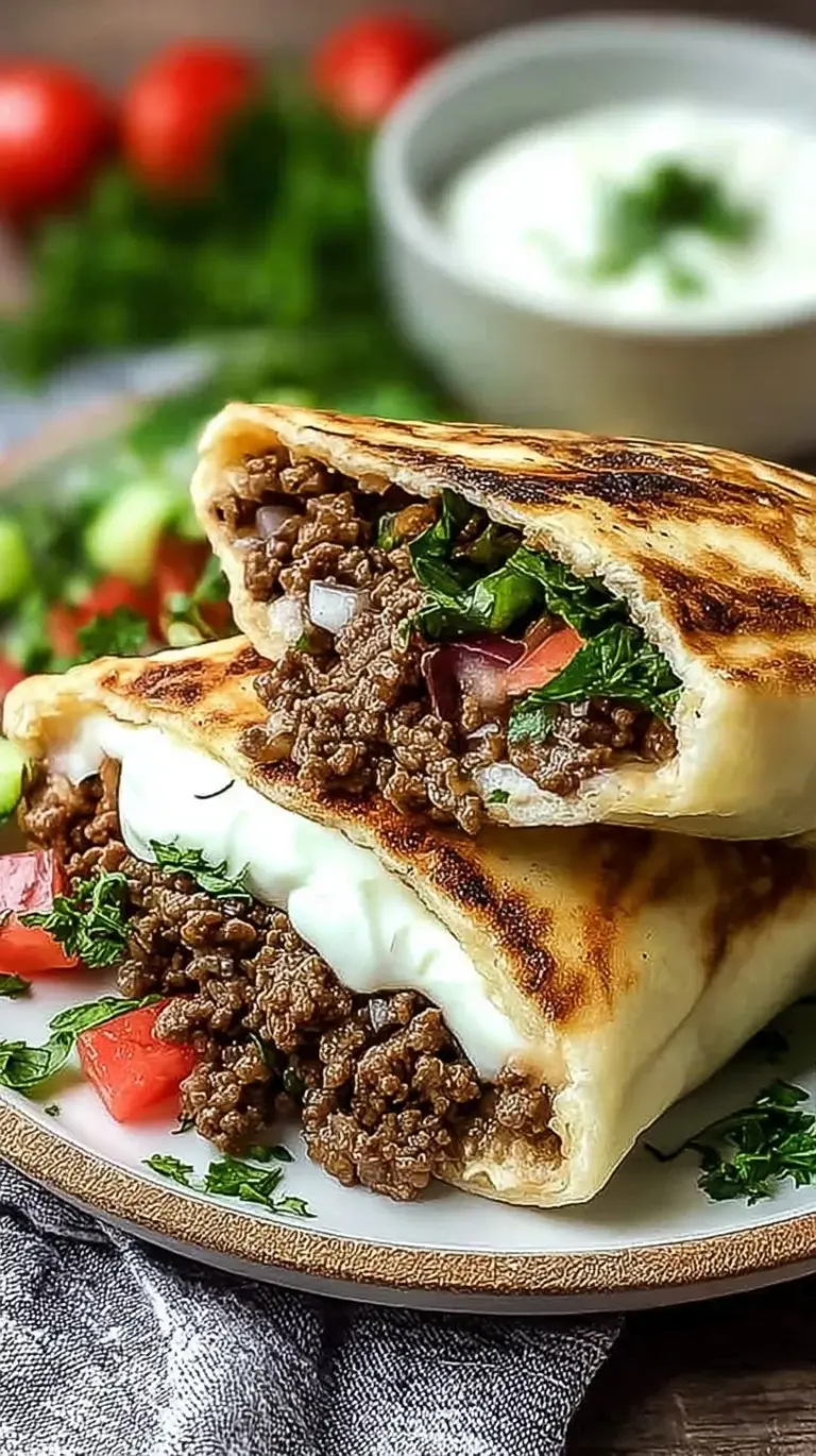 Savory Mediterranean ground beef stuffed into warm pita pockets with fresh vegetables and creamy tzatziki