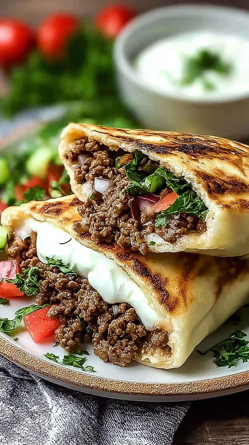 Savory Mediterranean ground beef stuffed into warm pita pockets with fresh vegetables and creamy tzatziki