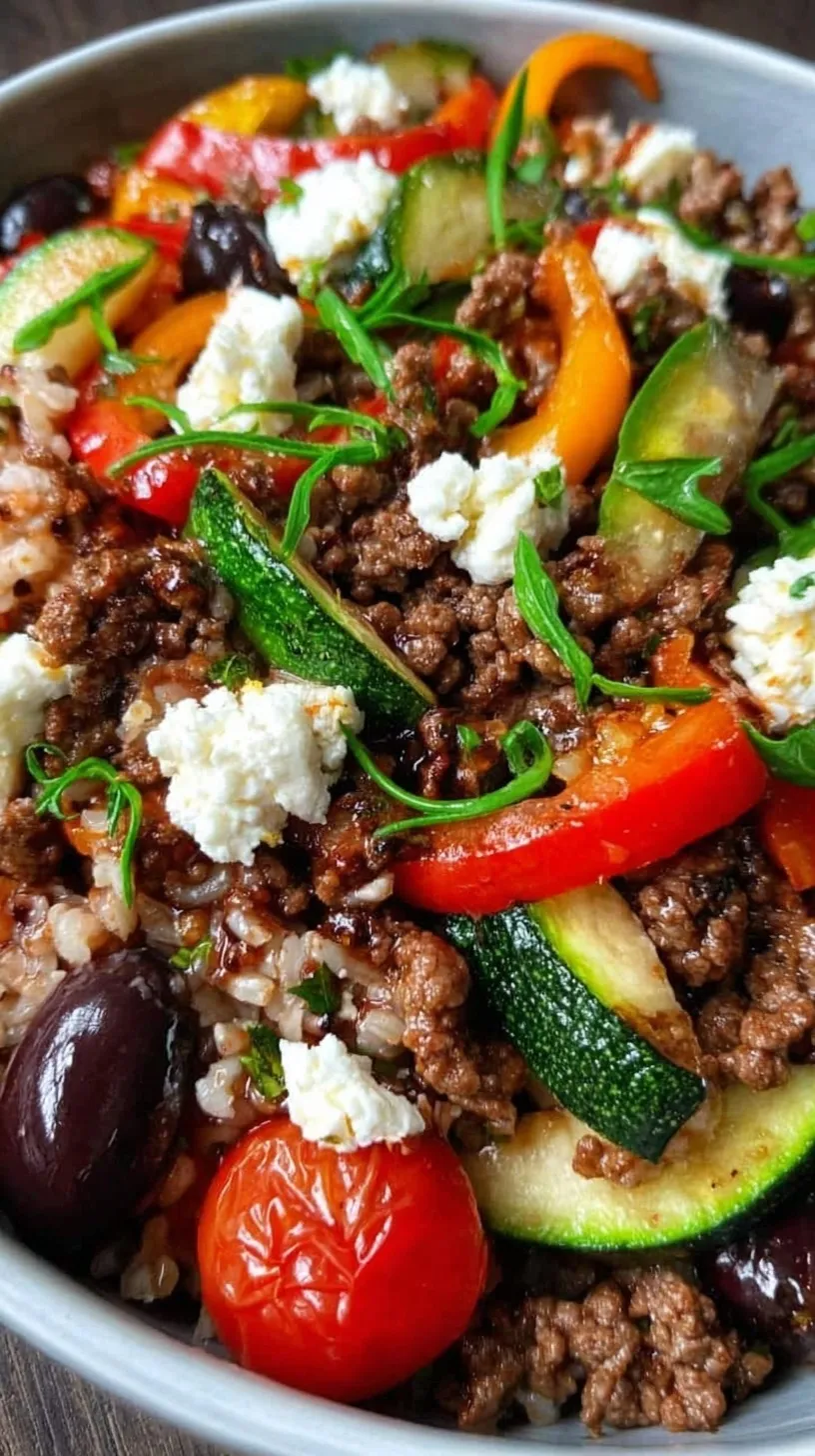 A colorful Mediterranean ground beef stir fry with zucchini, peppers, and feta cheese in a large skillet.