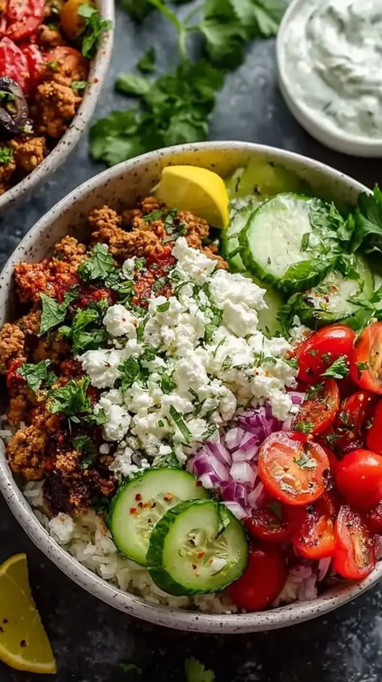 A colorful Mediterranean ground turkey bowl with quinoa, cucumbers, tomatoes, and tzatziki sauce.