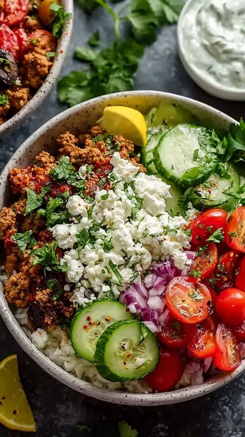 A colorful Mediterranean ground turkey bowl with quinoa, cucumbers, tomatoes, and tzatziki sauce.