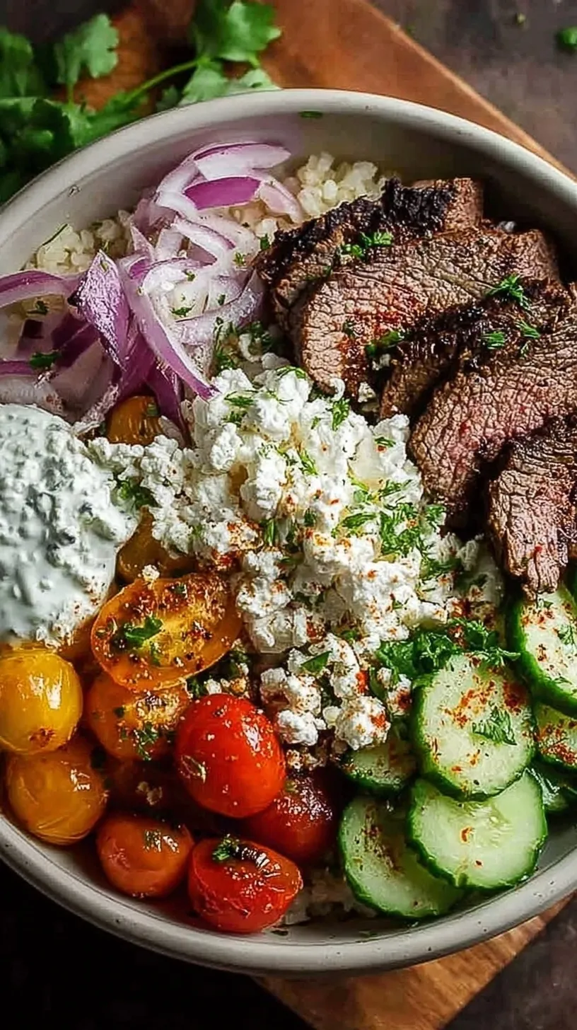 A vibrant Mediterranean Gyro Bowl with seasoned lamb, lemon rice, fresh cucumbers, tomatoes, and tzatziki sauce.