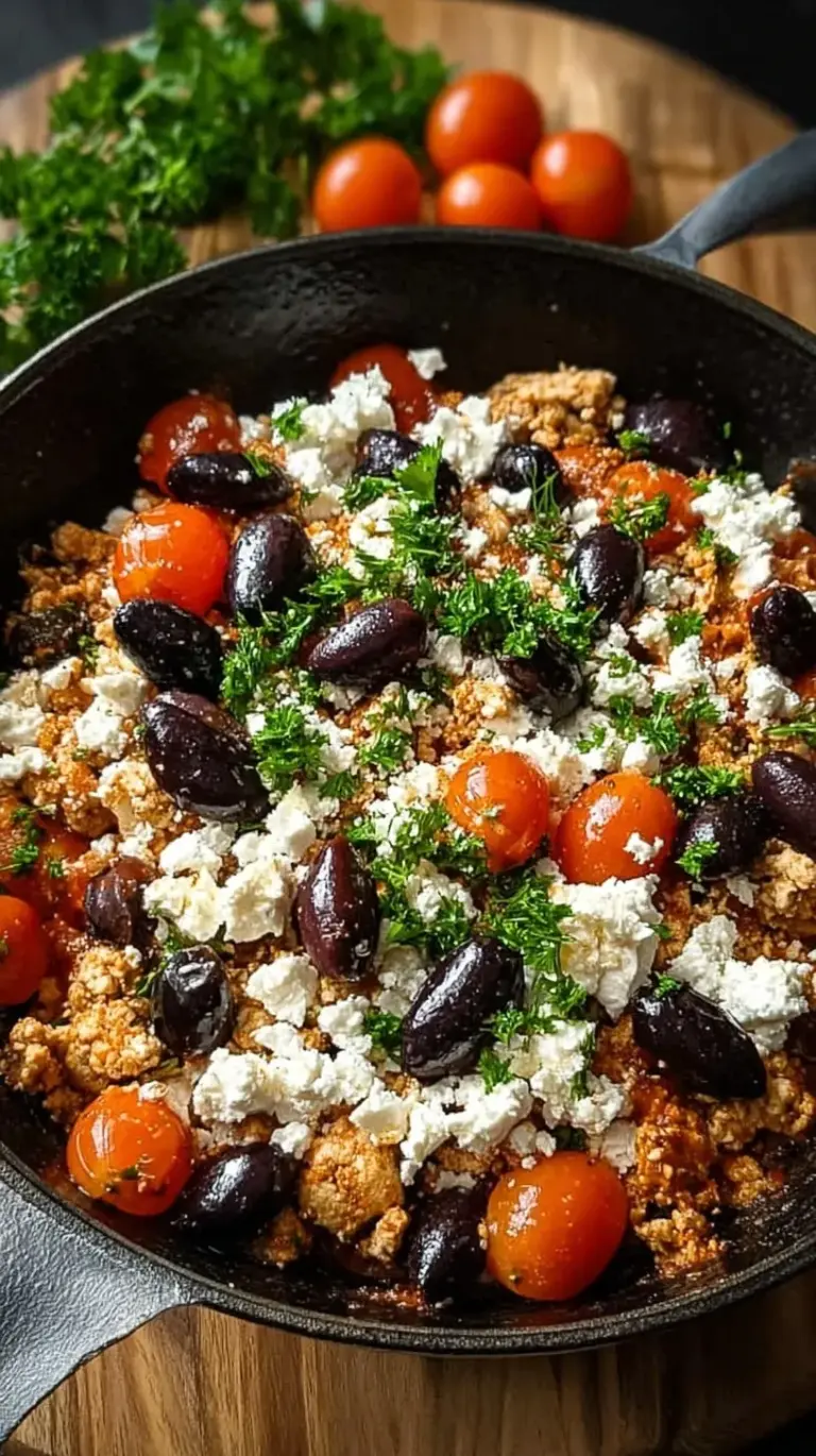 Mediterranean Keto Ground Chicken Skillet with zucchini, olives, and feta in a black pan