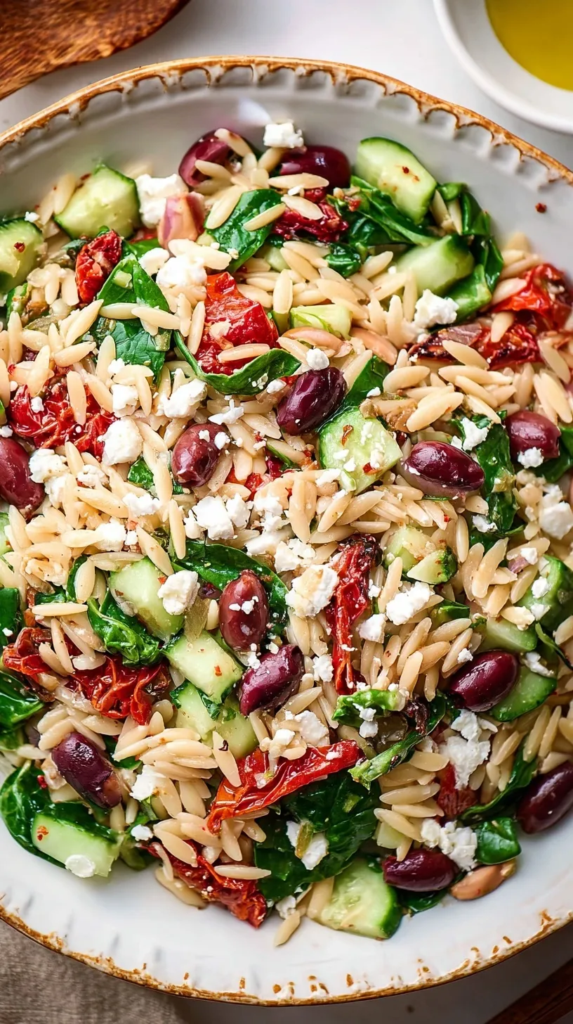 A vibrant bowl of Mediterranean Orzo Salad with tomatoes, cucumbers, and feta cheese