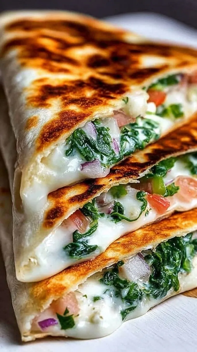 Golden brown crispy Mediterranean quesadilla sliced into wedges with melted cheese and spinach peeking out.