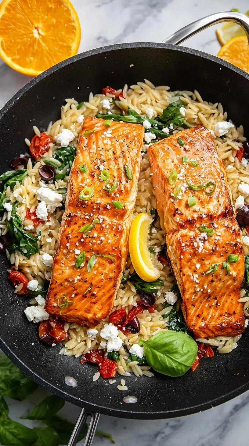 Pan-seared salmon fillets over lemon orzo with spinach, tomatoes, and feta in a skillet