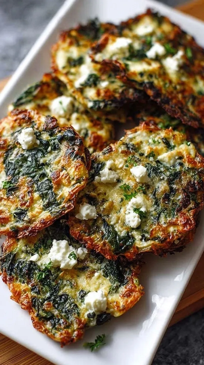 Close up of golden brown spinach and feta cheese crisps on a parchment-lined baking sheet.