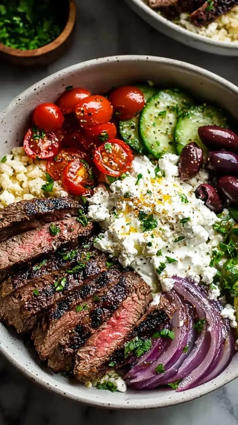 A vibrant Mediterranean Steak Bowl with grilled sirloin, quinoa, cucumbers, and tzatziki sauce.