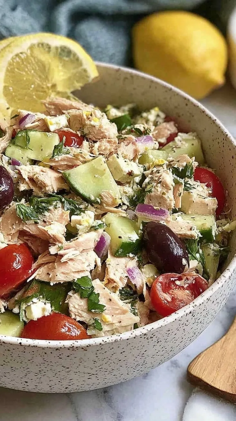 A bright bowl of Mediterranean Tuna Salad with cucumbers, tomatoes, and olives.