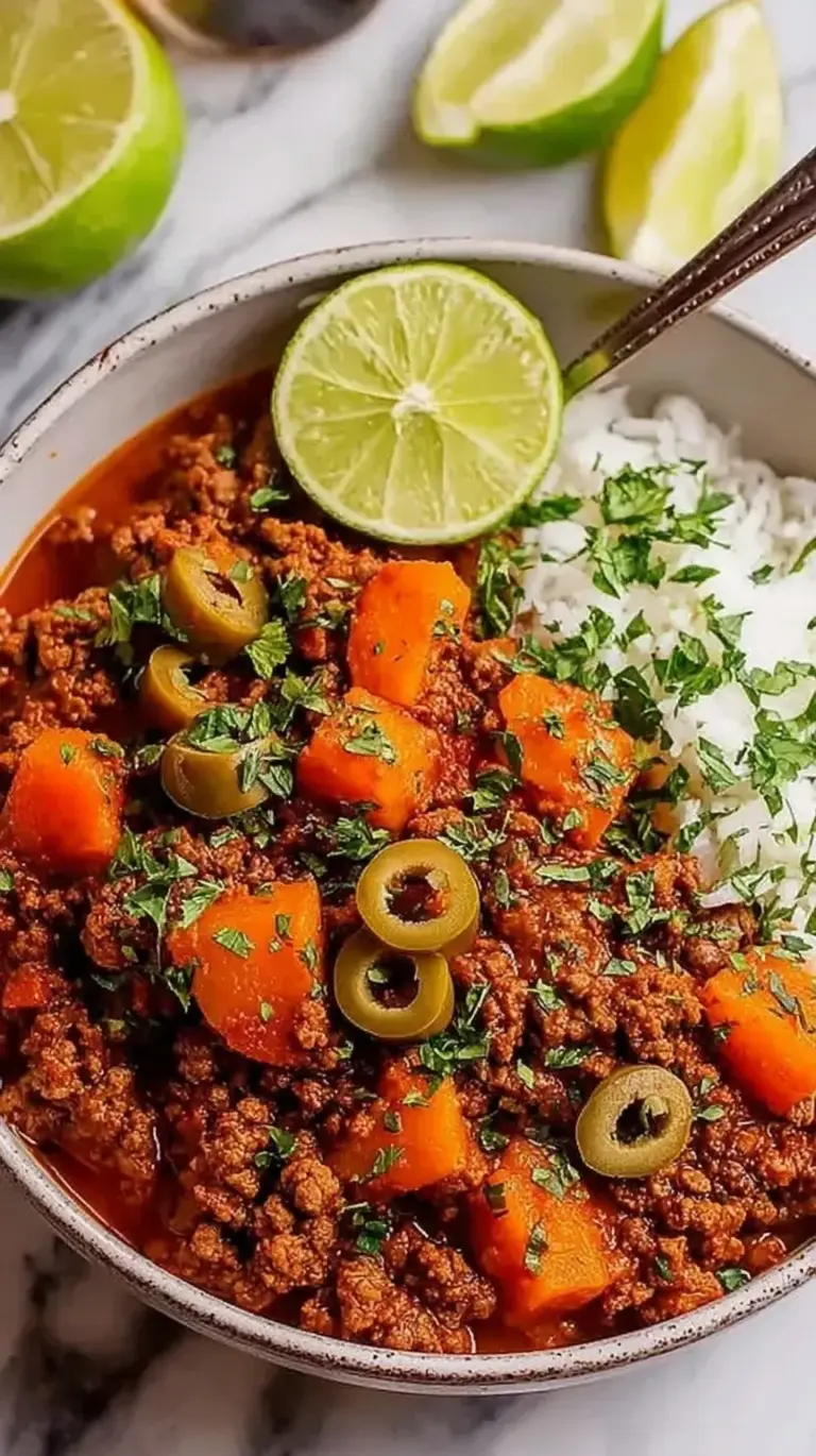 A skillet of Mexican Picadillo with ground beef, diced potatoes, carrots, and peas in tomato sauce.