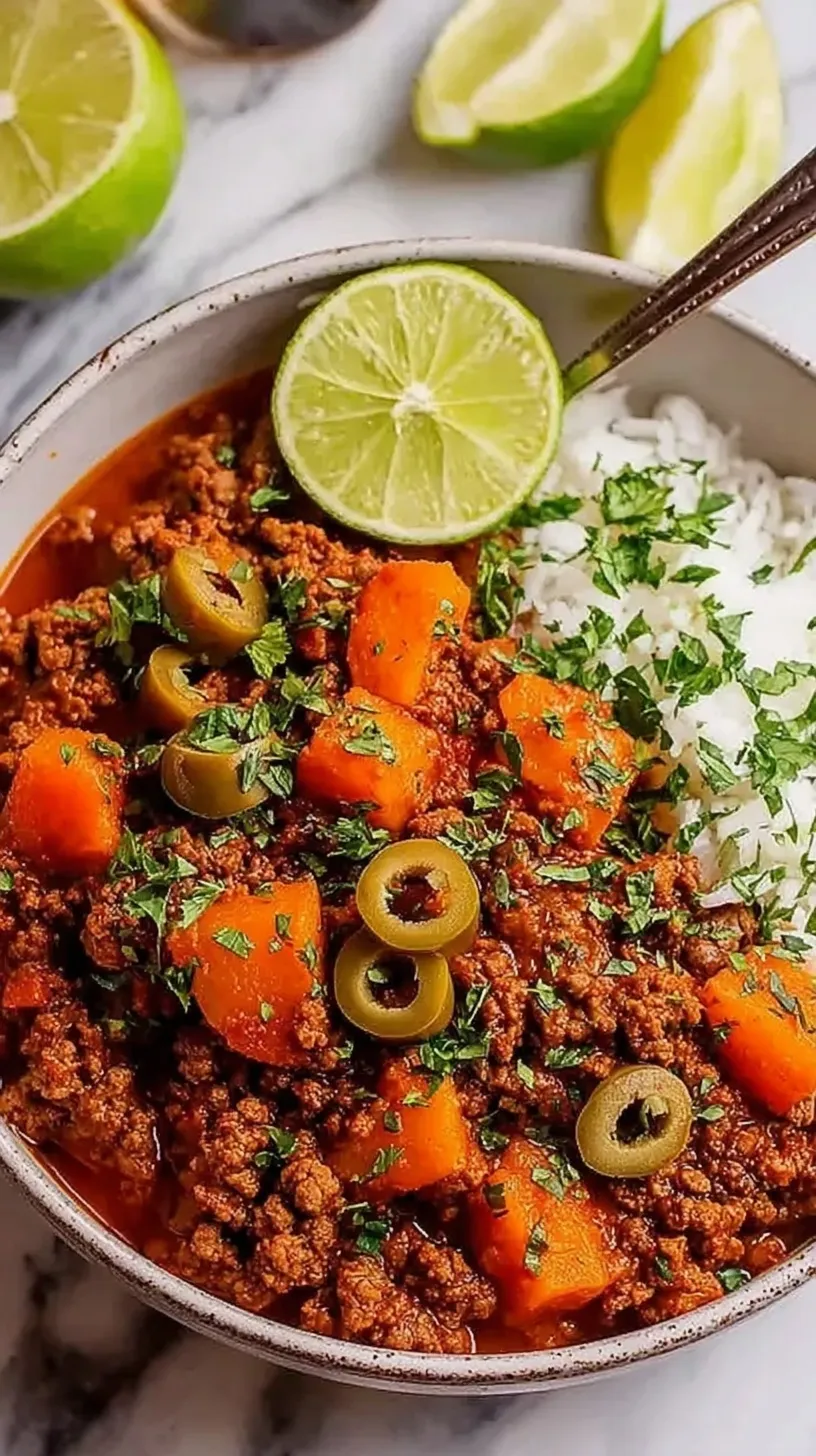A skillet of Mexican Picadillo with ground beef, diced potatoes, carrots, and peas in tomato sauce.