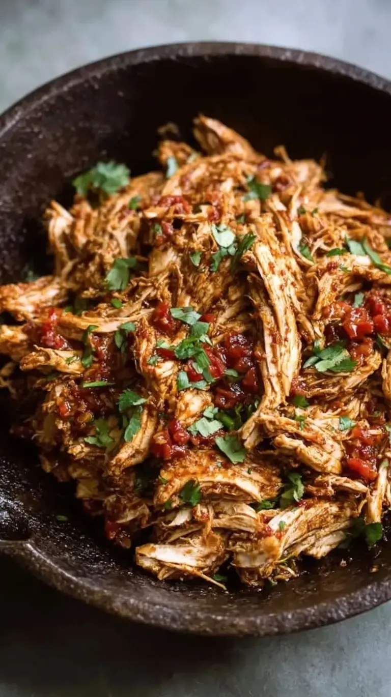 A bowl of juicy Mexican Shredded Chicken garnished with fresh cilantro and lime wedges