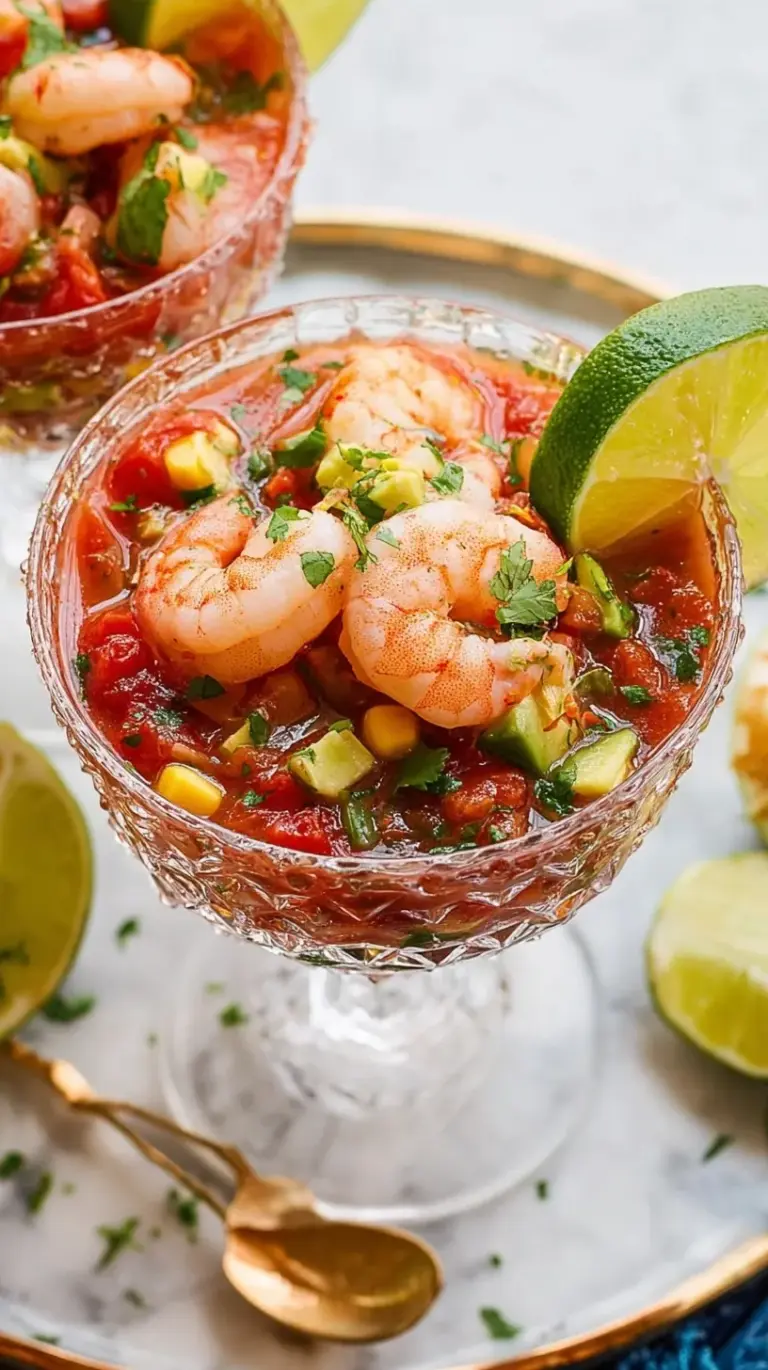 Chilled Mexican shrimp cocktail served in a glass with avocado and lime.