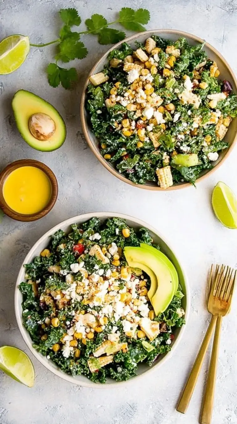 A vibrant Mexican street corn kale salad in a large bowl with charred corn, crumbled cotija cheese, and fresh cilantro.