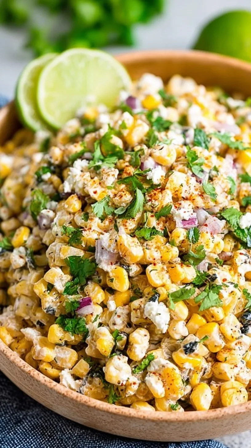 A bowl of charred Mexican Street Corn Salad topped with Cotija cheese and fresh cilantro