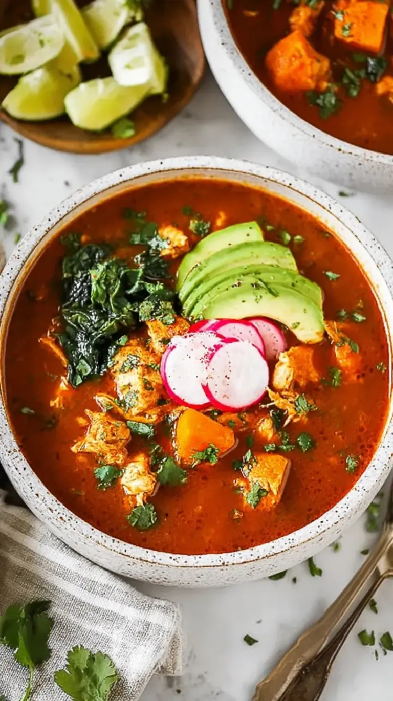 A steaming bowl of Mexican chicken soup with sweet potatoes, black beans, and fresh cilantro