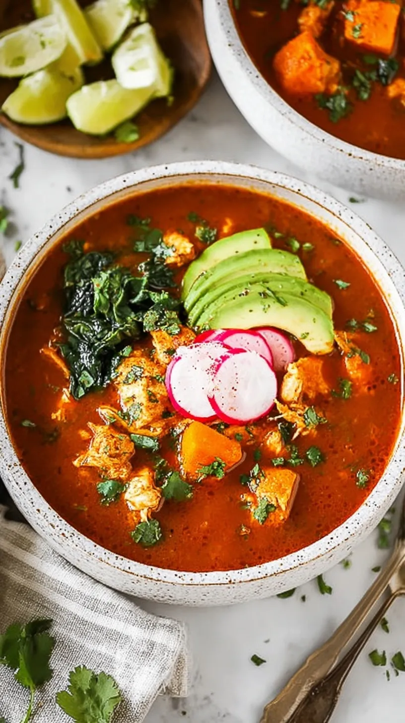 A steaming bowl of Mexican chicken soup with sweet potatoes, black beans, and fresh cilantro