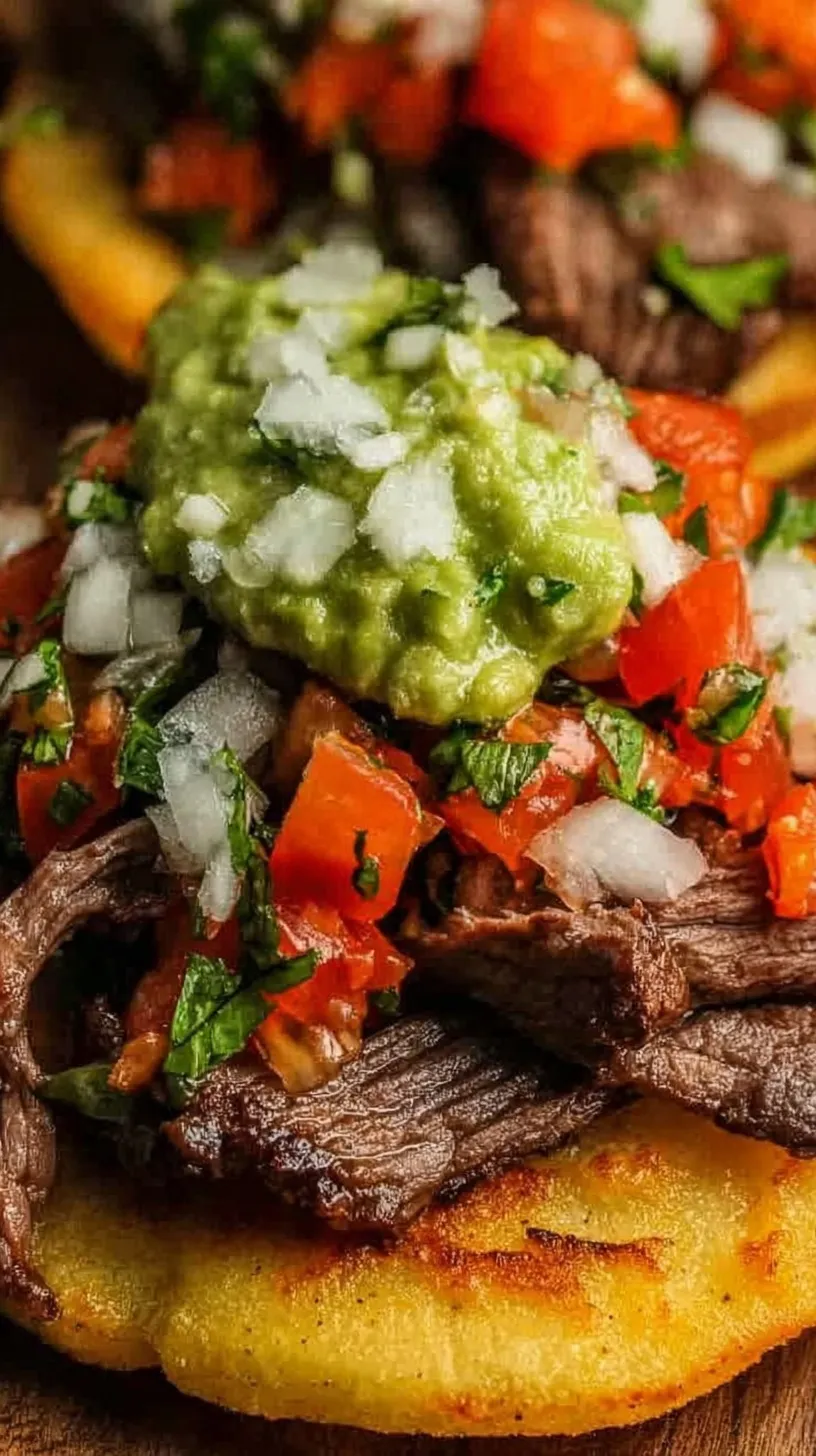 Crispy corn tostadas topped with grilled flank steak, refried beans, and fresh avocado