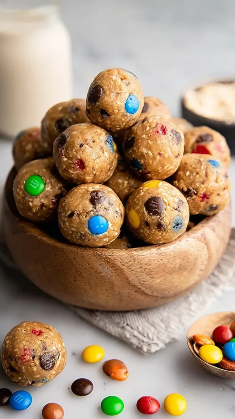 A stack of colorful monster cookie protein balls on a white plate