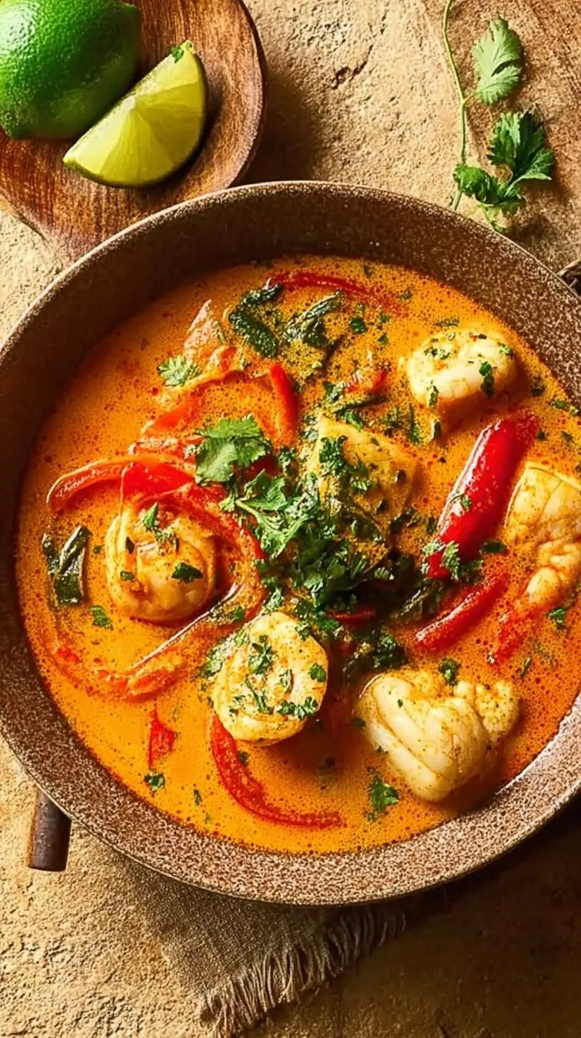 A vibrant Brazilian Fish Stew in a clay pot with red peppers, tomatoes, and cilantro.