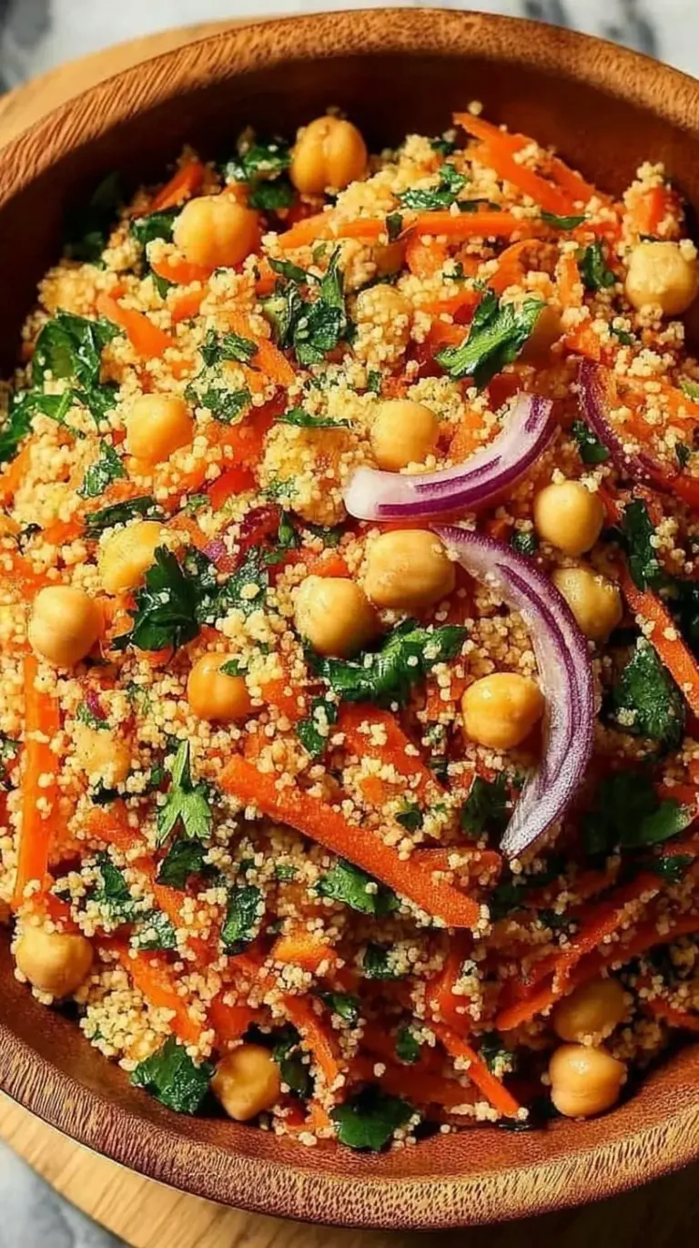 A vibrant bowl of Moroccan couscous salad with chickpeas, grated carrots, and toasted almonds