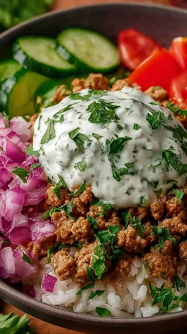 A vibrant ground turkey bowl with jasmine rice, broccoli, and red peppers garnished with sesame seeds.