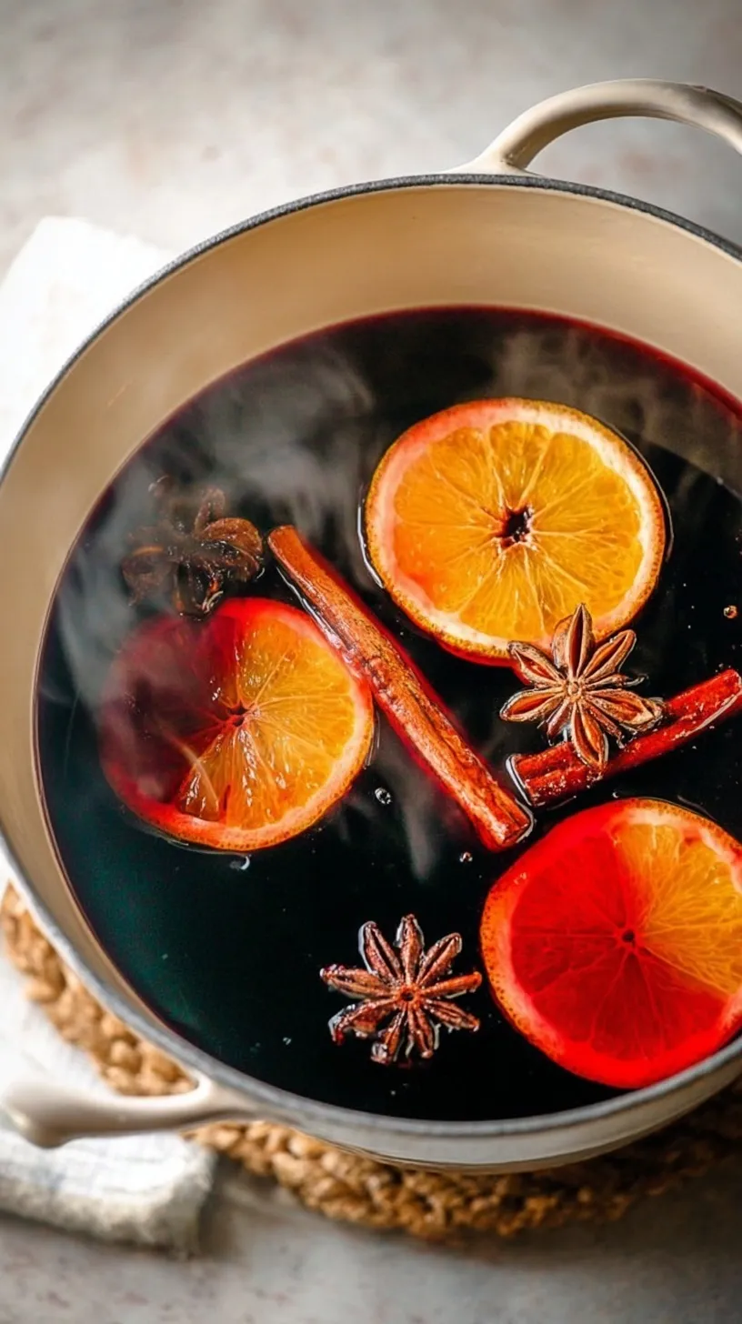 A steaming mug of spiced red wine with orange slices and cinnamon sticks.