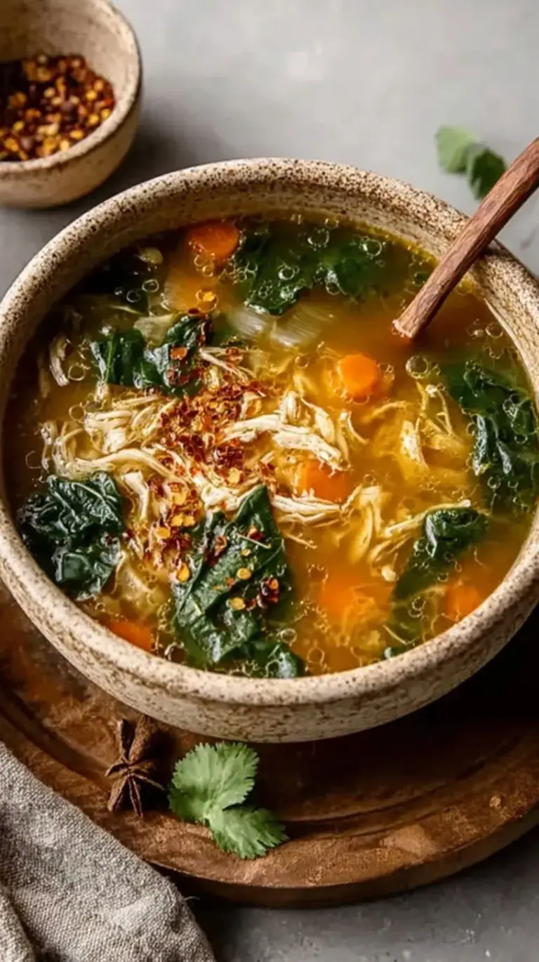 A steaming bowl of clear golden chicken broth with fresh herbs and ginger slices