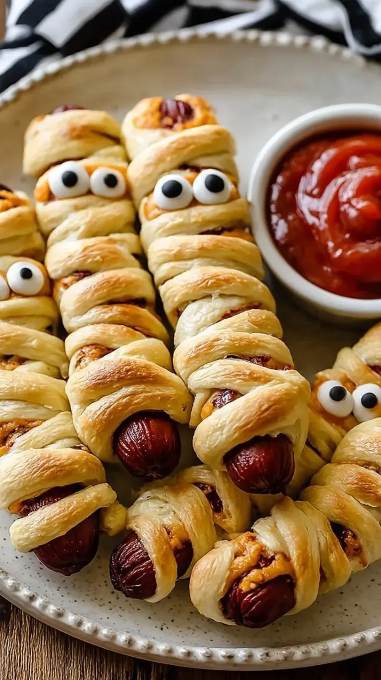 Golden brown crescent dough wrapped around hot dogs to look like mummies with mustard eyes on a baking sheet.