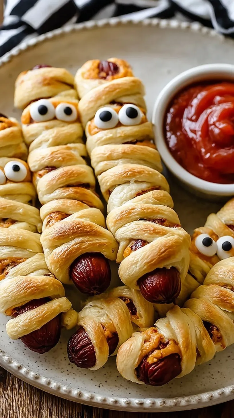 Golden brown crescent dough wrapped around hot dogs to look like mummies with mustard eyes on a baking sheet.