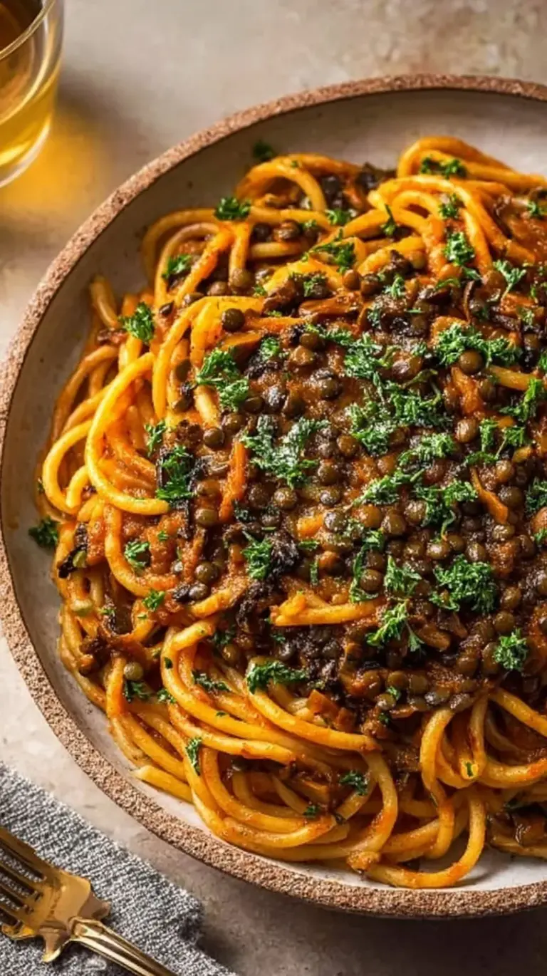A close-up of rich mushroom ragu sauce served over thick pasta in a white bowl.