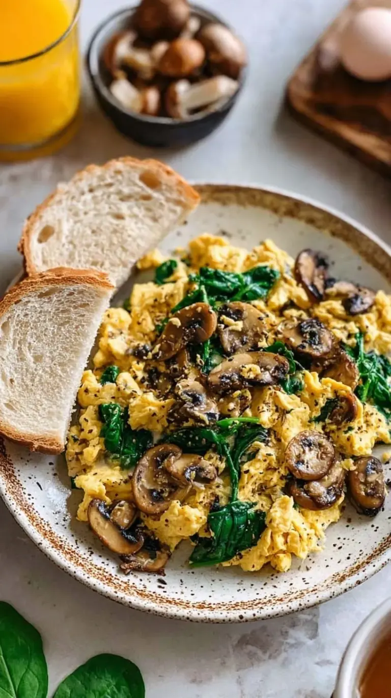 Creamy scrambled eggs with sautéed mushrooms and fresh baby spinach in a skillet topped with parmesan cheese