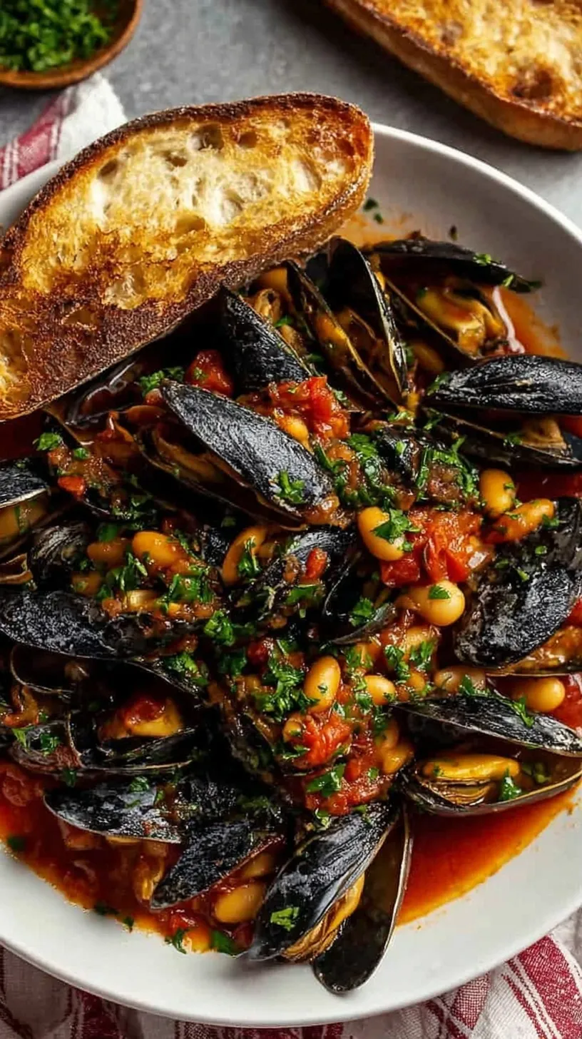 A large white bowl filled with steamed mussels, creamy white beans, and diced tomatoes in a white wine broth, garnished with fresh parsley.