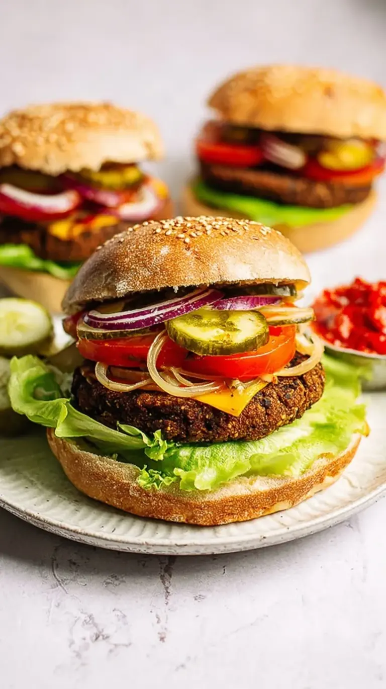 Four thick homemade black bean burgers topped with melted cheese and avocado on toasted buns.